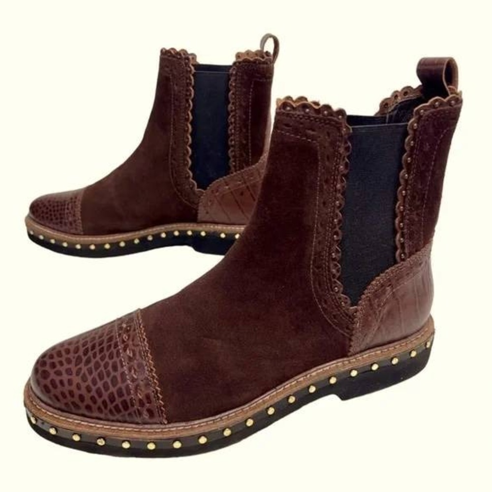 Free People $158 Women's Brown Suede Leather Western Chelsea Scalloped Boot EU38